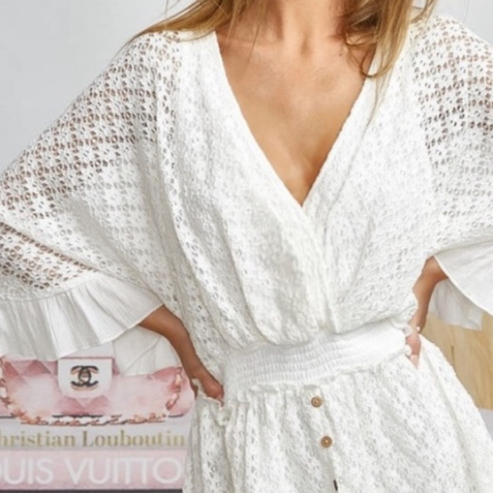 838. LAST 1! Bibi Lace Bohemian White CLEARANCE button flutter dress romper - Picture 8 of 8